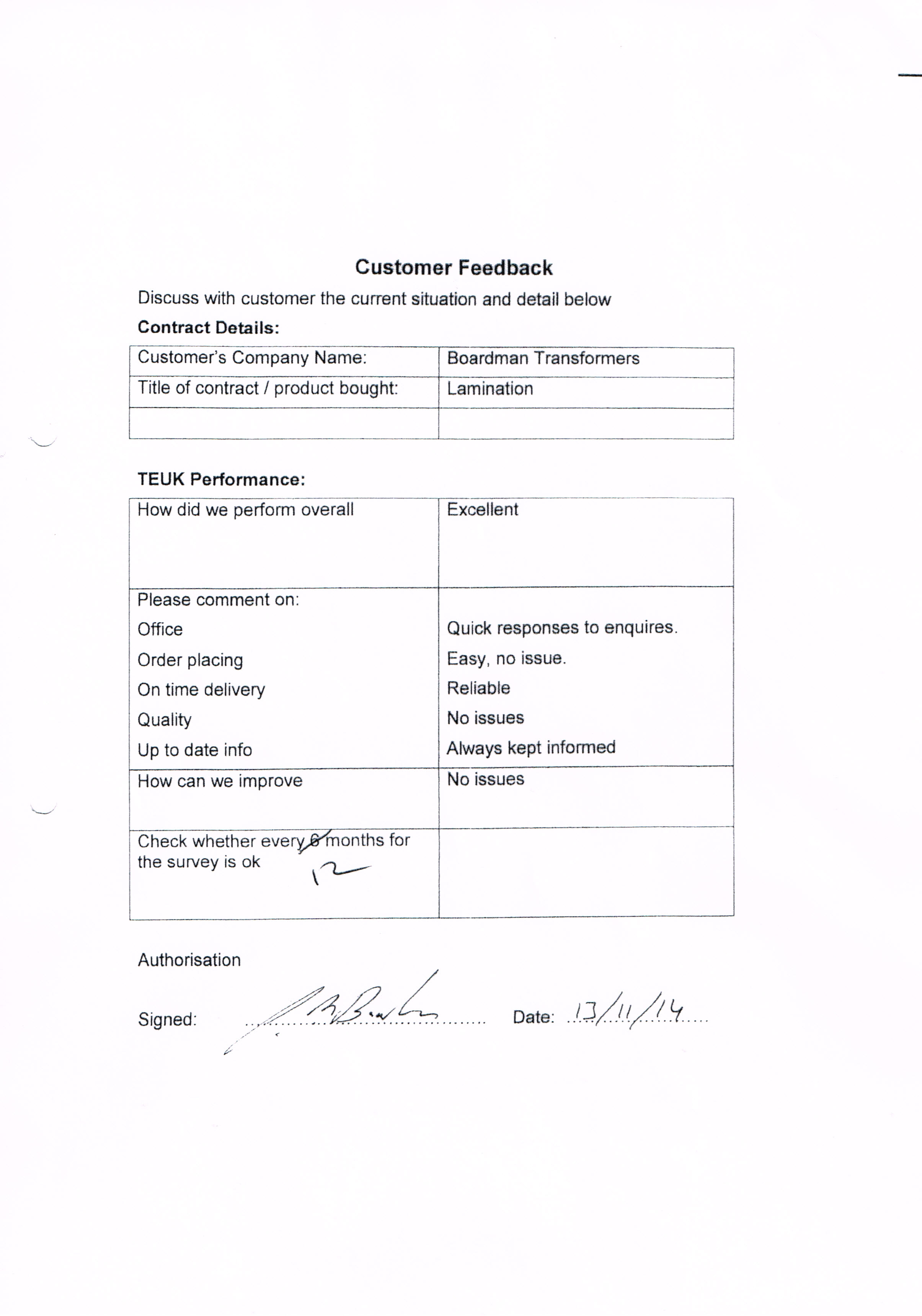Testimonial from Boardman Transformers TE UK Laminations Testimonial from Boardman Transformers