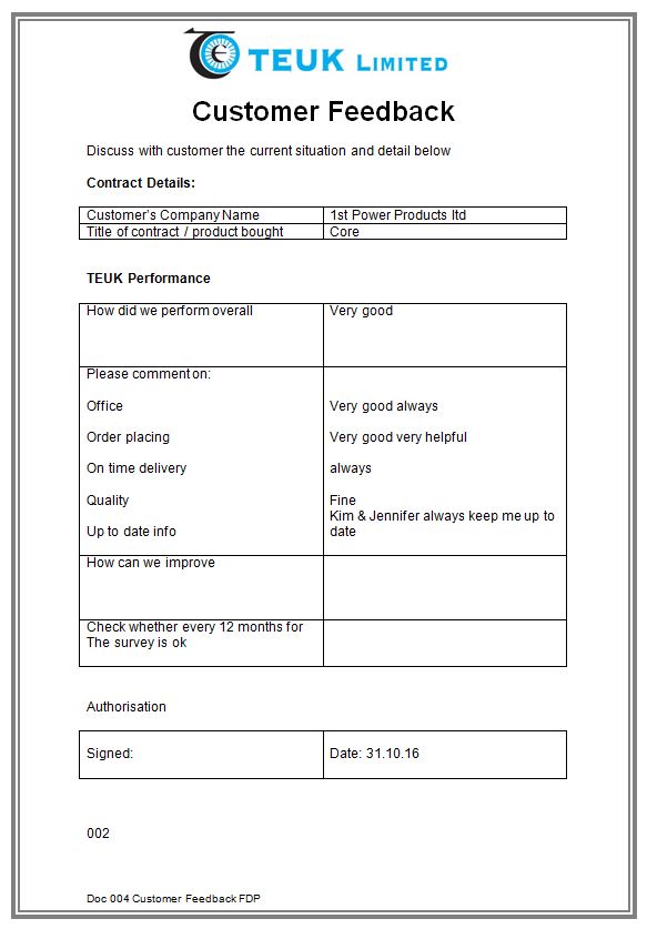 1st Power Products Customer Feedback TEUK Customer Feedback from 1st Power Products