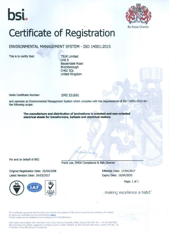 BSI EMS ISO 14001 TEUK Laminations BSI EMS ISO 14001
