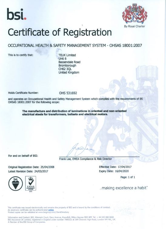 BSI OHSAS 18001 TEUK Laminations BSI OHSAS 18001