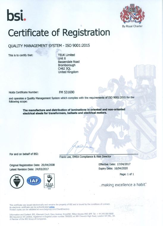 BSI QMS ISO 9001 TEUK Laminations BSI QMS ISO 9001