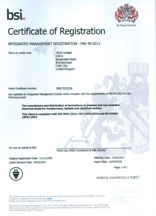 BSI IMR PAS 99 TEUK Laminations BSI IMR PAS 99